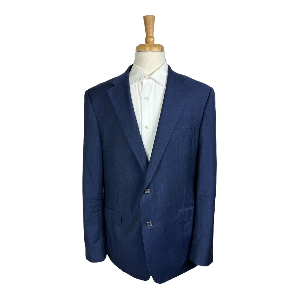 Samuelsohn Current SB Beckett Blue Striped Super 130s Wool Mens Blazer Size 46L